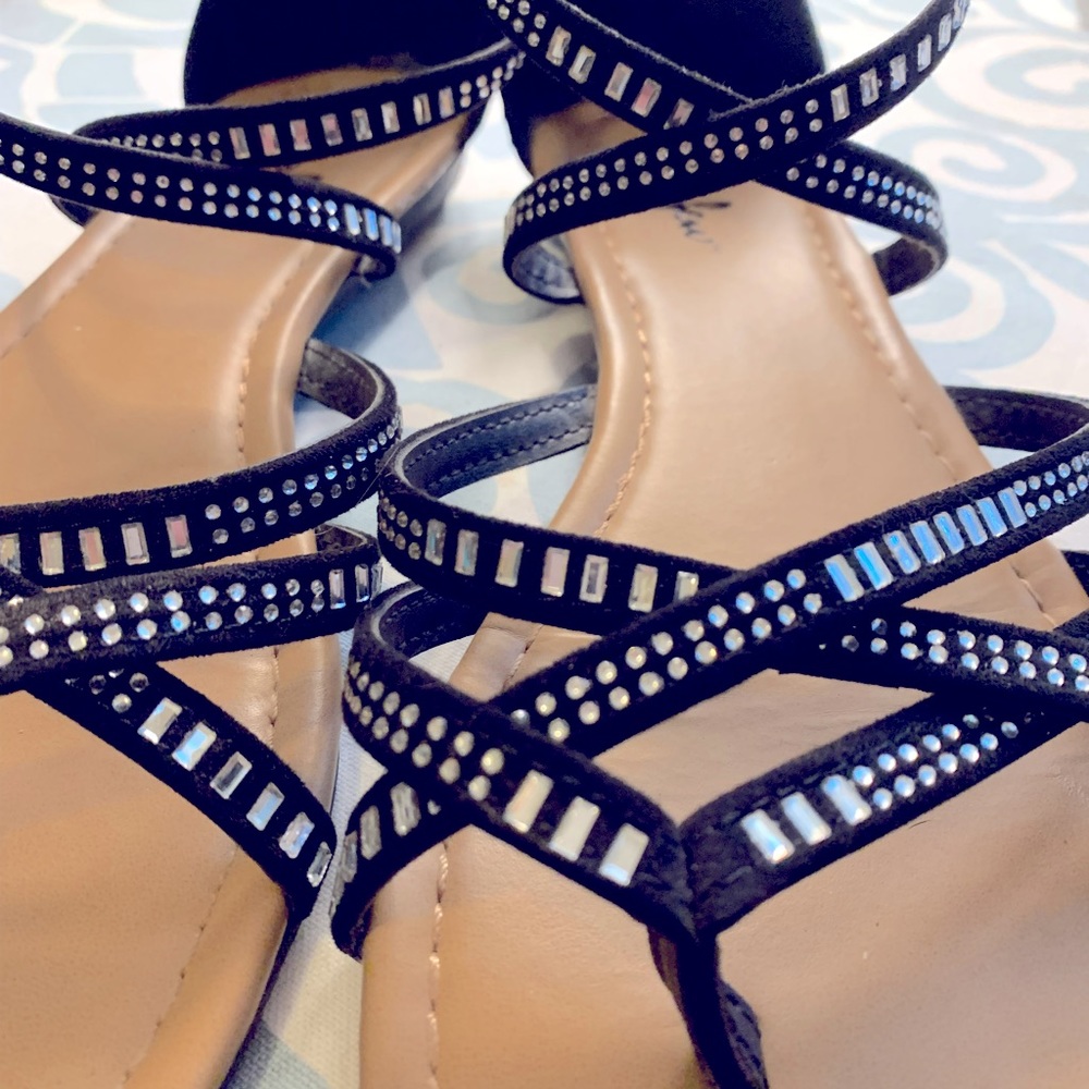 Black and rhinestone Back zip sandals size 10